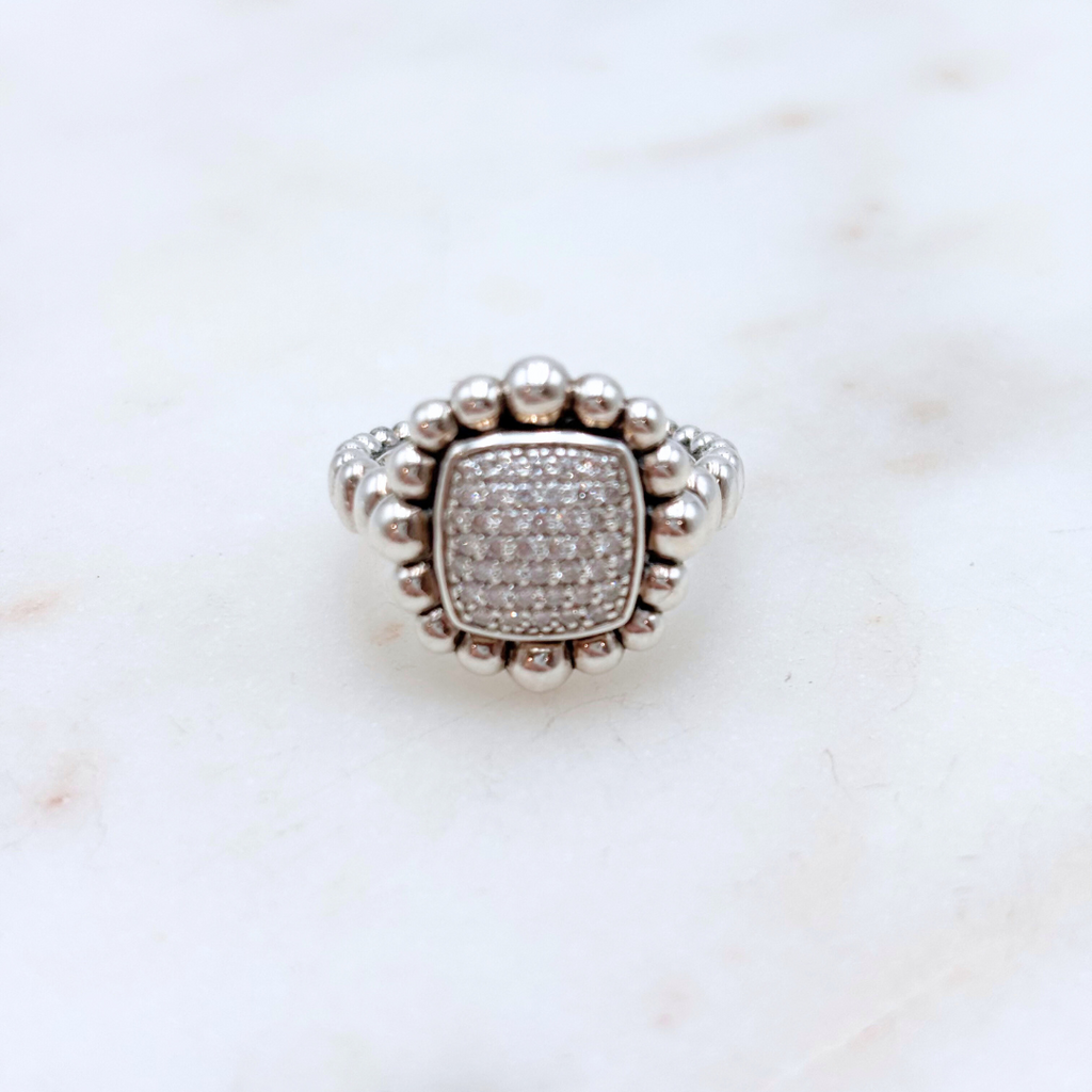 Lagos Sterling Silver Beaded Square Ring With Diamond Pave