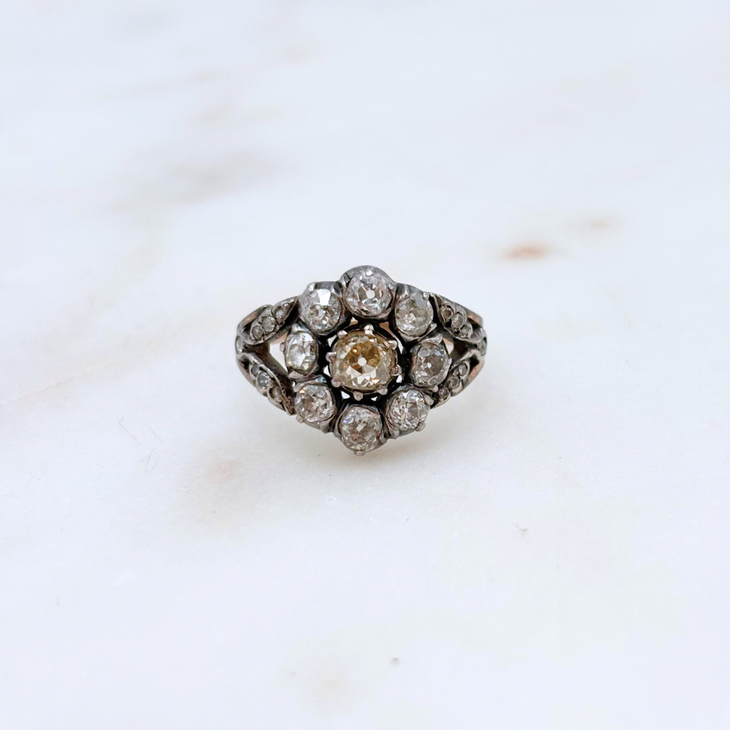 Antique Old European Cut Diamond Cluster Silver-Topped Gold Ring