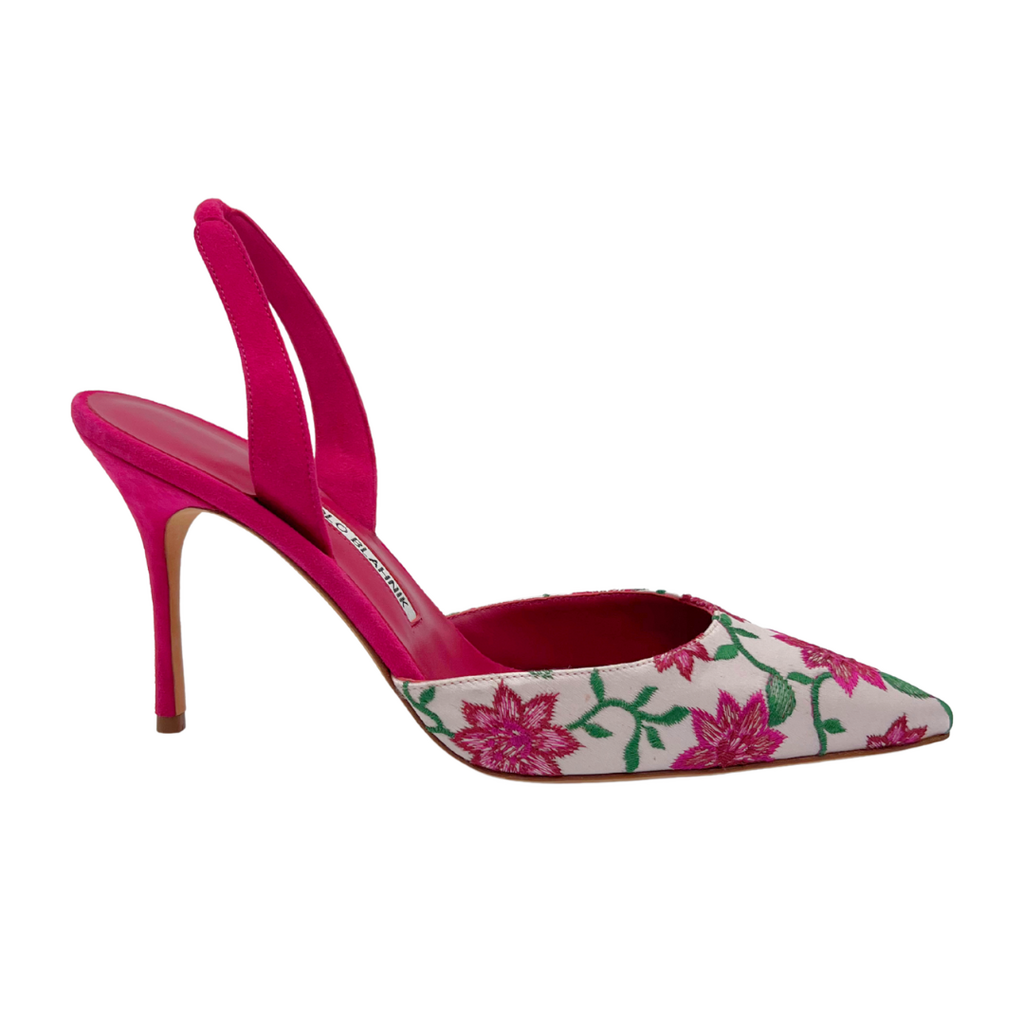 Manolo Blahnik Pink Embroided Floral Slingback Heels, 38
