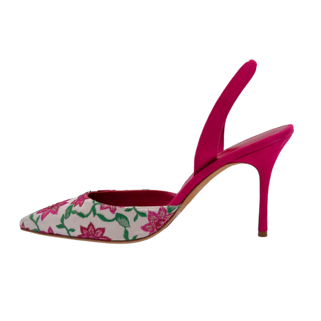 Manolo Blahnik Pink Embroided Floral Slingback Heels, 38