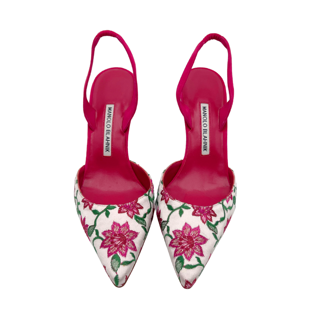 Manolo Blahnik Pink Embroided Floral Slingback Heels, 38