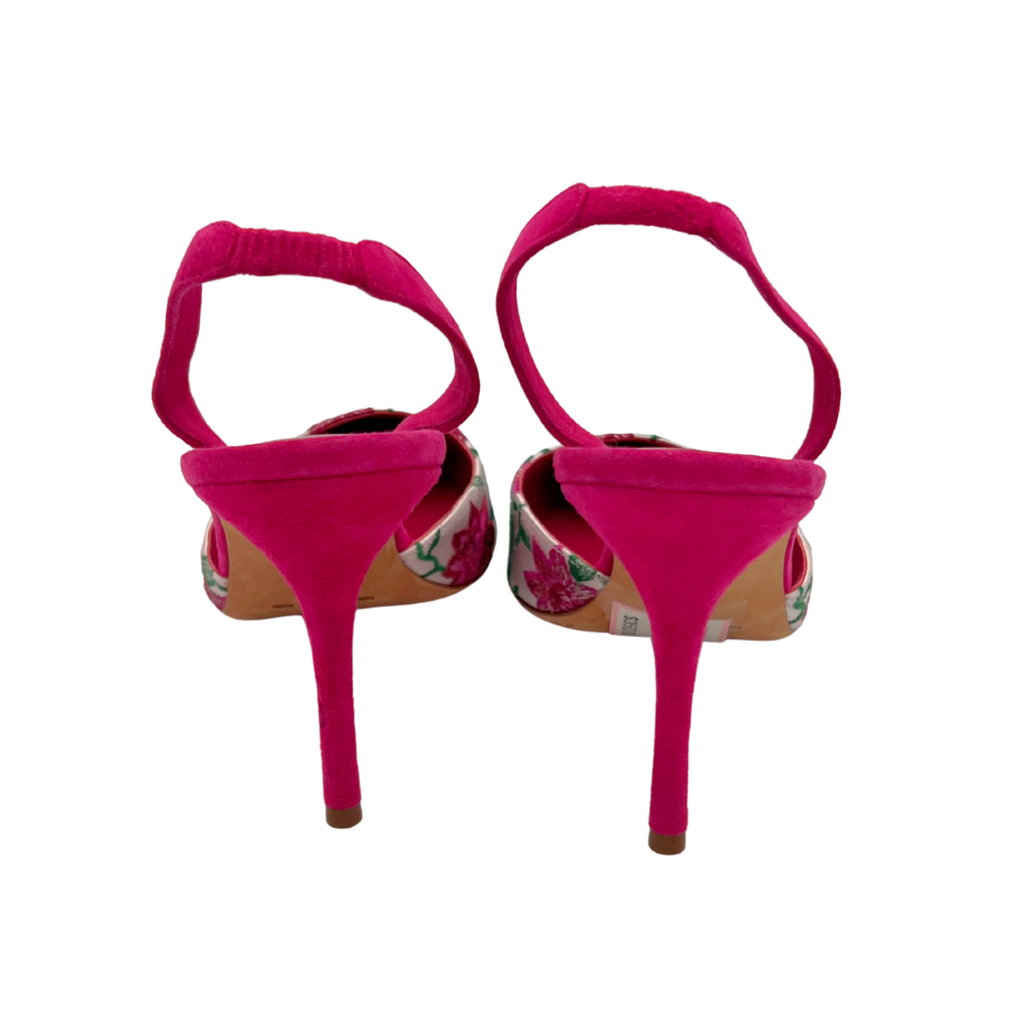 Manolo Blahnik Pink Embroided Floral Slingback Heels, 38