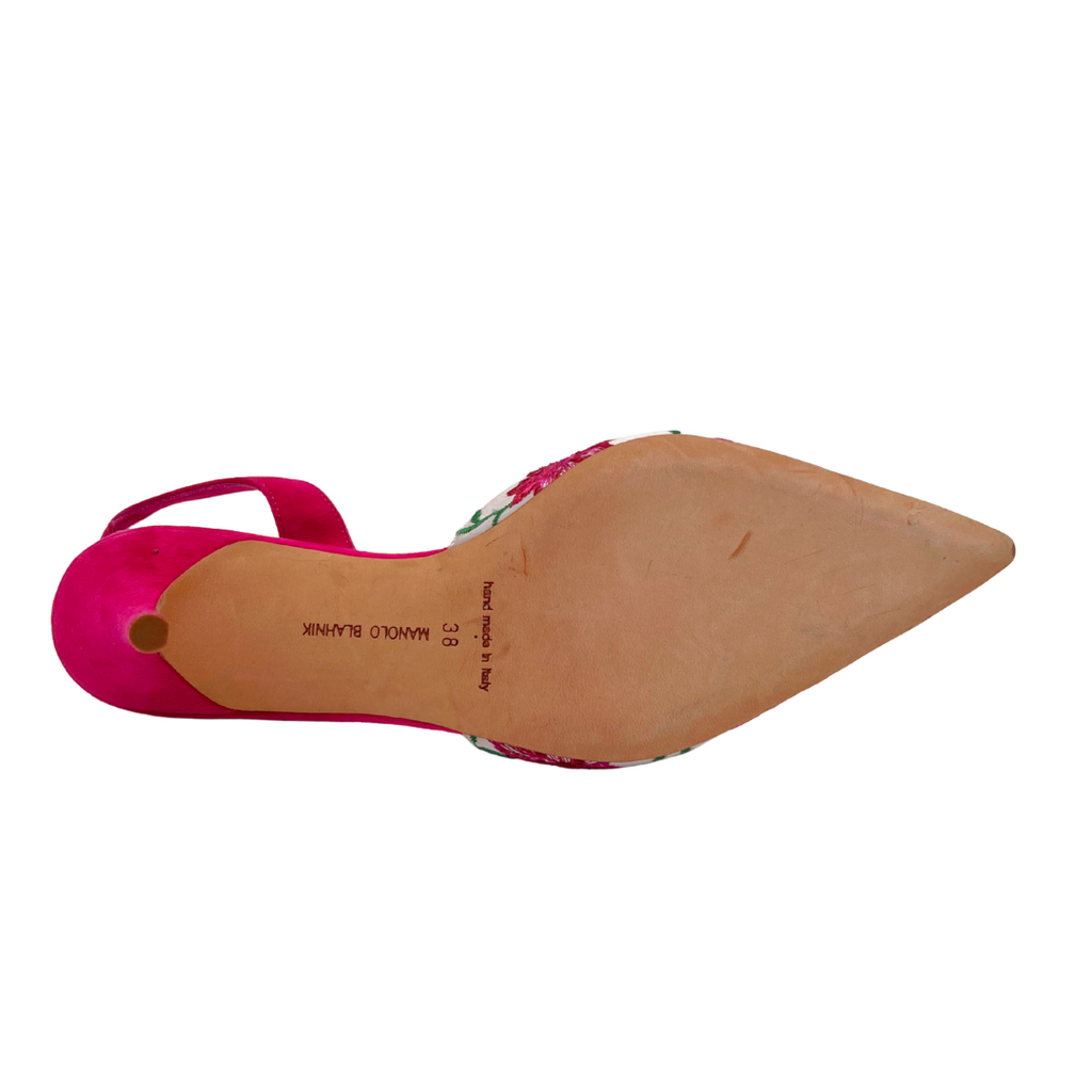 Manolo Blahnik Pink Embroided Floral Slingback Heels, 38