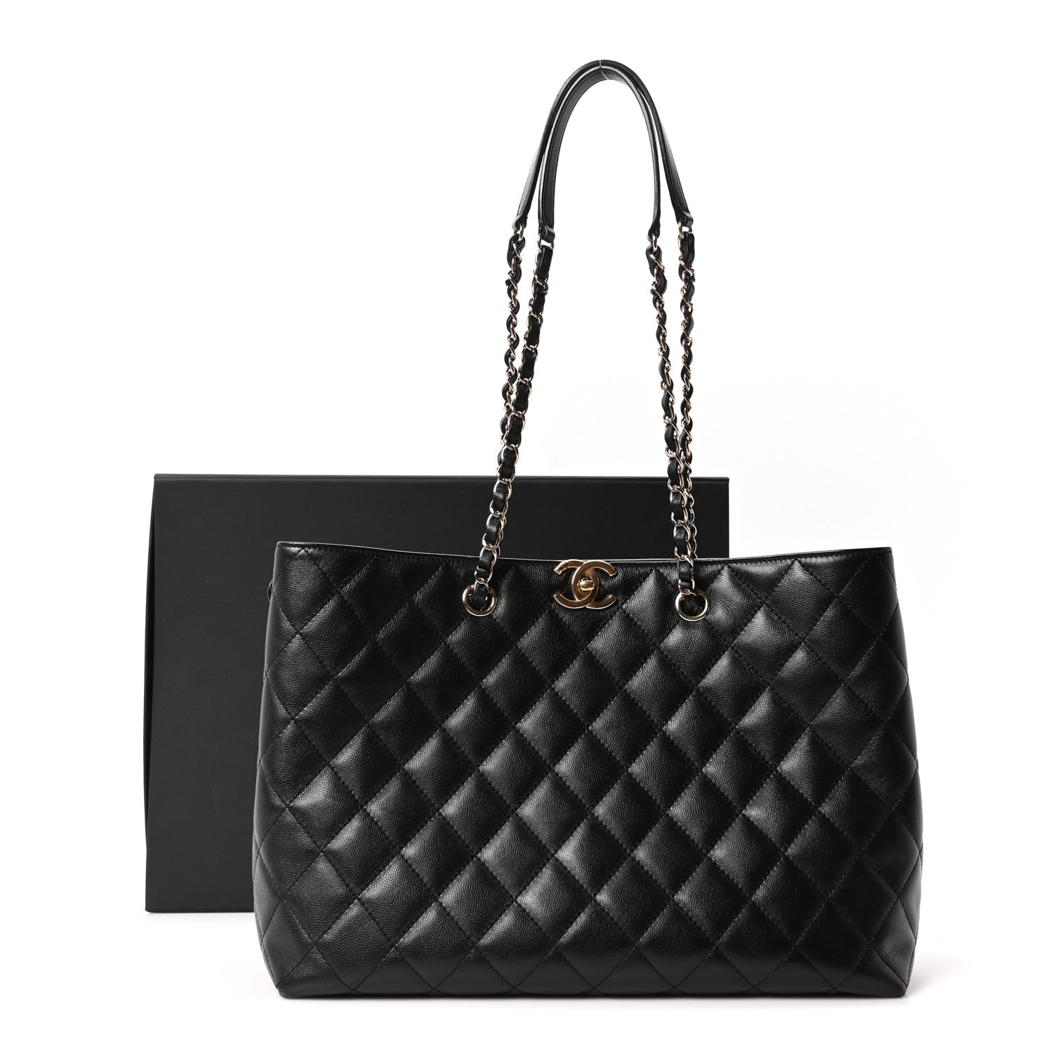Caviar Quilted Small Shopping Tote Black
