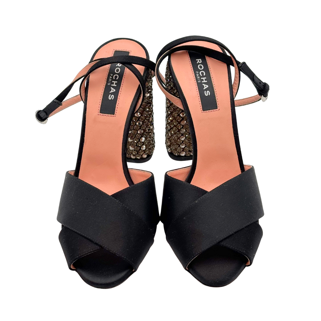 Rochas Black Satin Strap Embellished Heel, 39