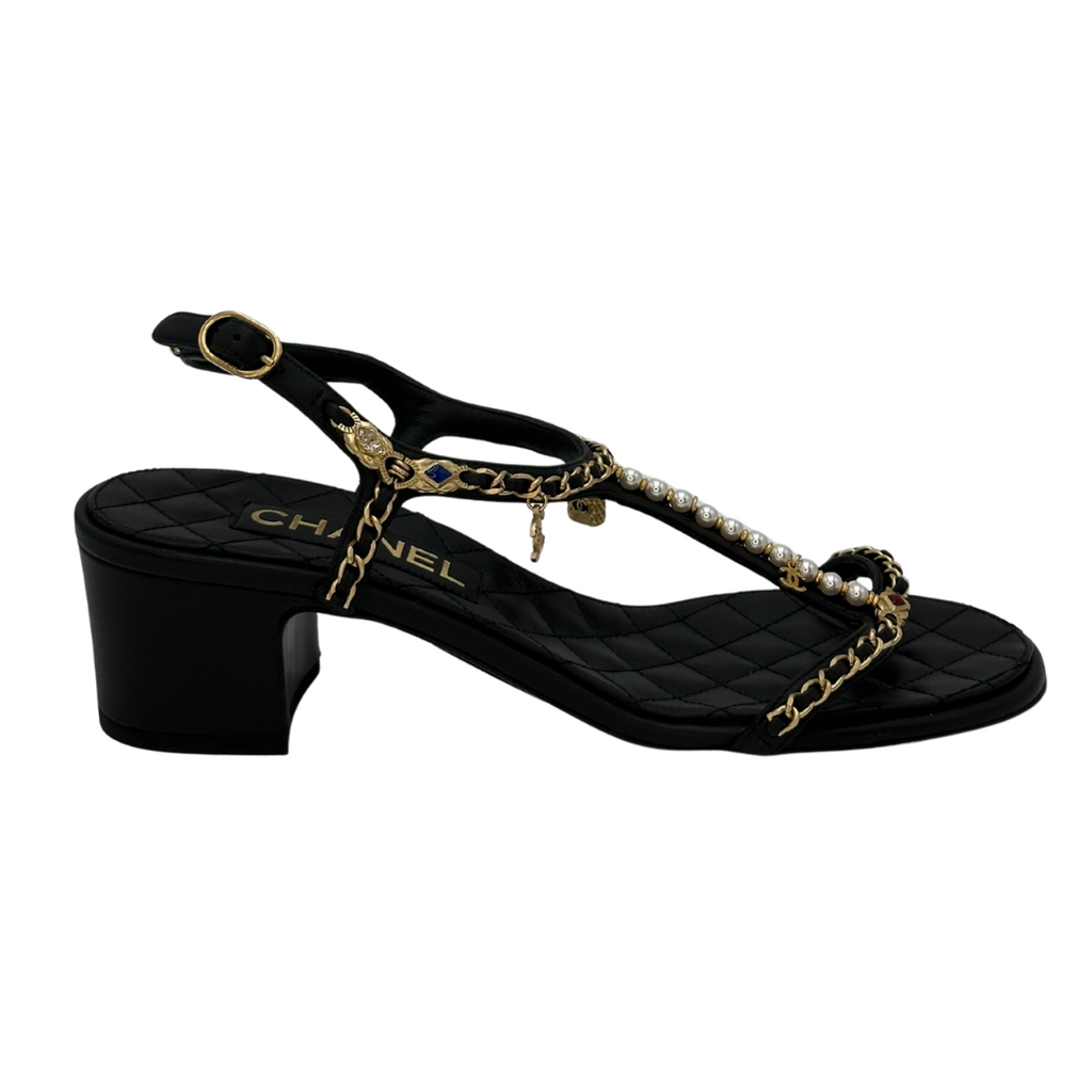 Black Block Chain Charm Heels (39) (NEW)