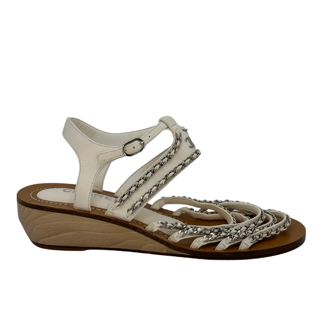 White Leather Gold Chain Mini Wedge Sandals (39) (NEW)