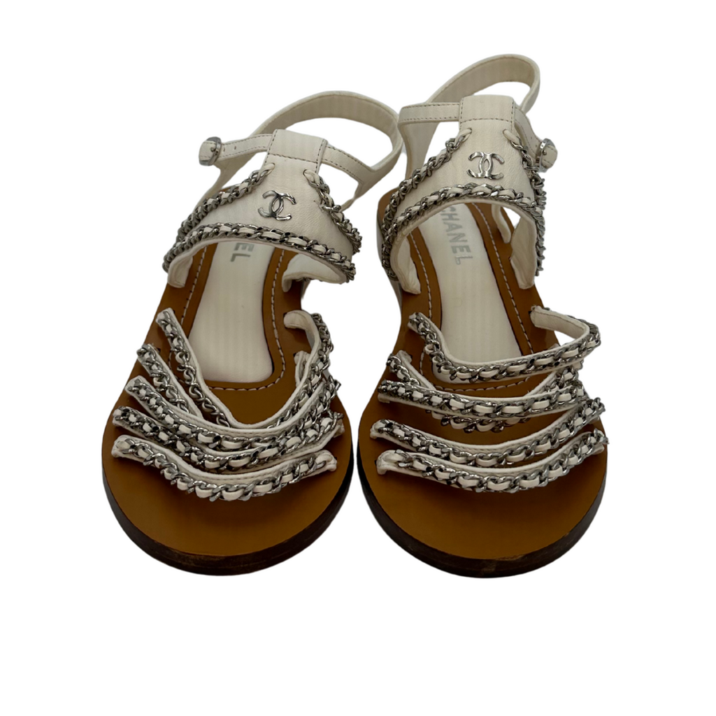 White Leather Gold Chain Mini Wedge Sandals (39) (NEW)
