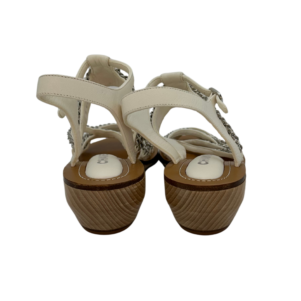 White Leather Gold Chain Mini Wedge Sandals (39) (NEW)