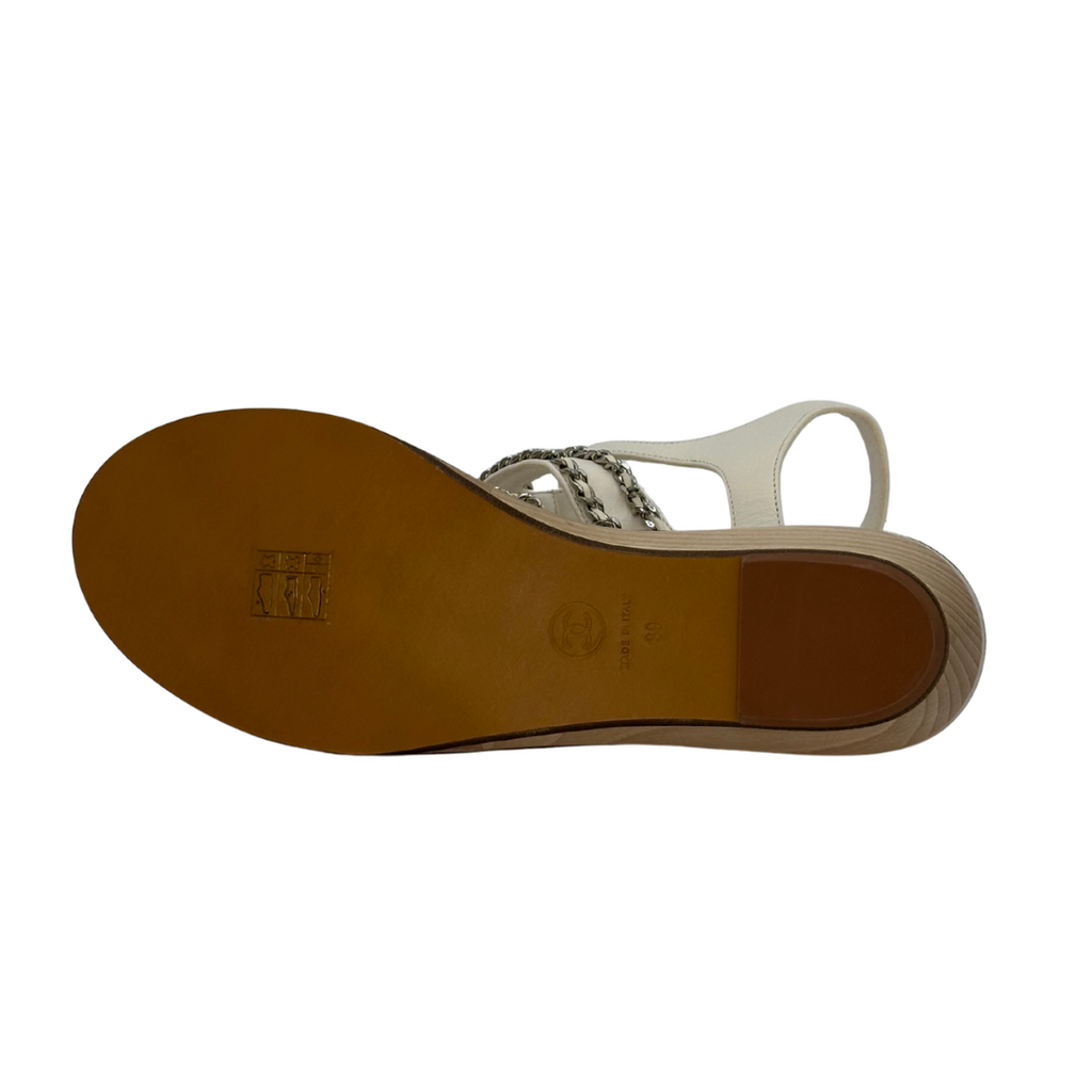 White Leather Gold Chain Mini Wedge Sandals (39) (NEW)