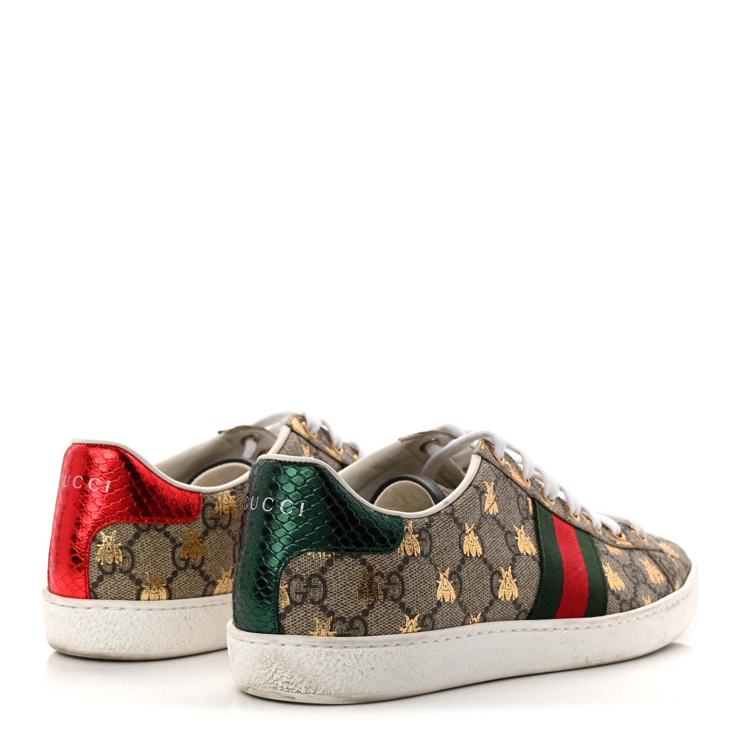 GG Supreme Monogram Bees Ayers Web Womens Ace Sneakers 39 Beige Oro Green Red