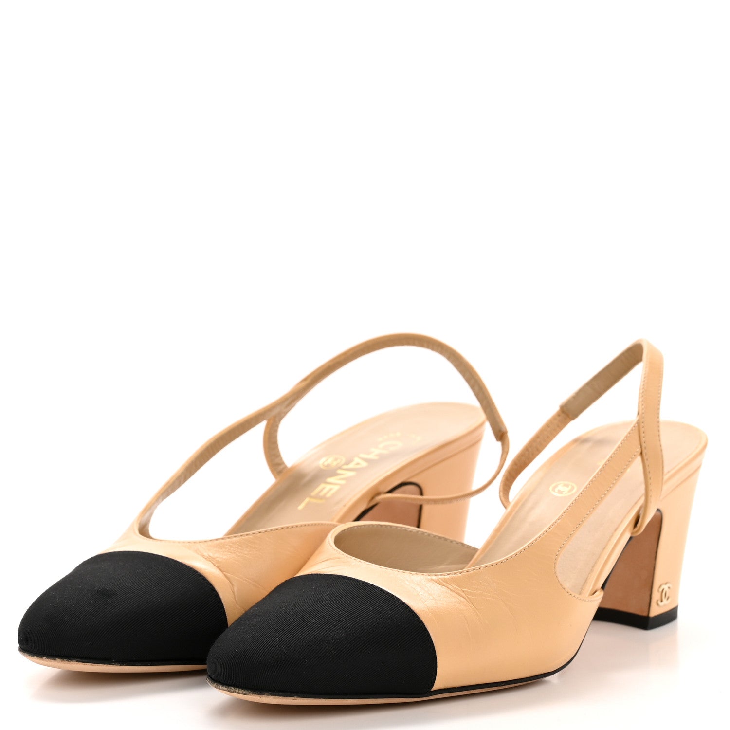 Goatskin Grosgrain Cap Toe CC Slingback Pumps 38.5 Beige Black