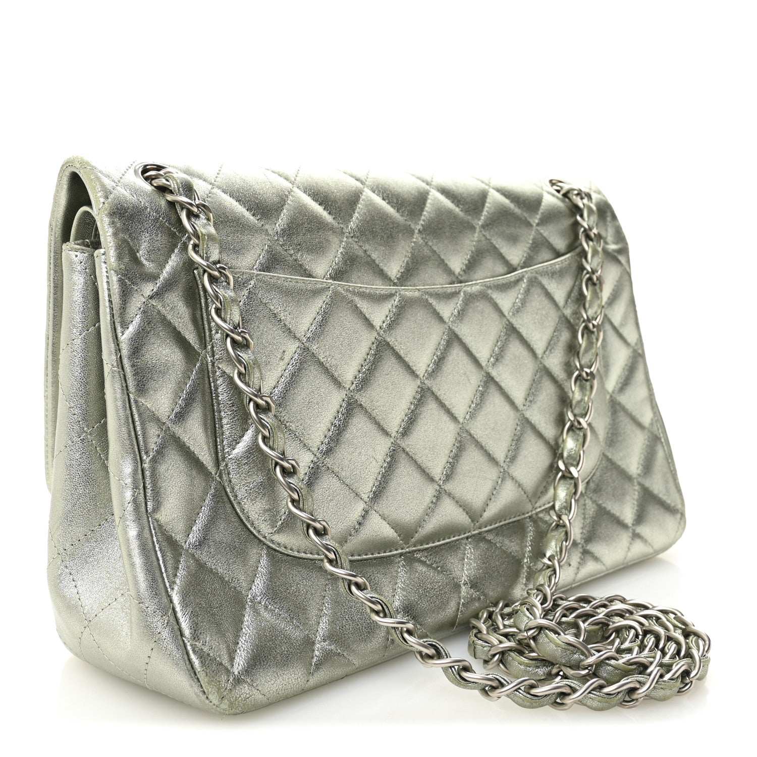 Metallic Lambskin Quilted Jumbo Double Flap Green