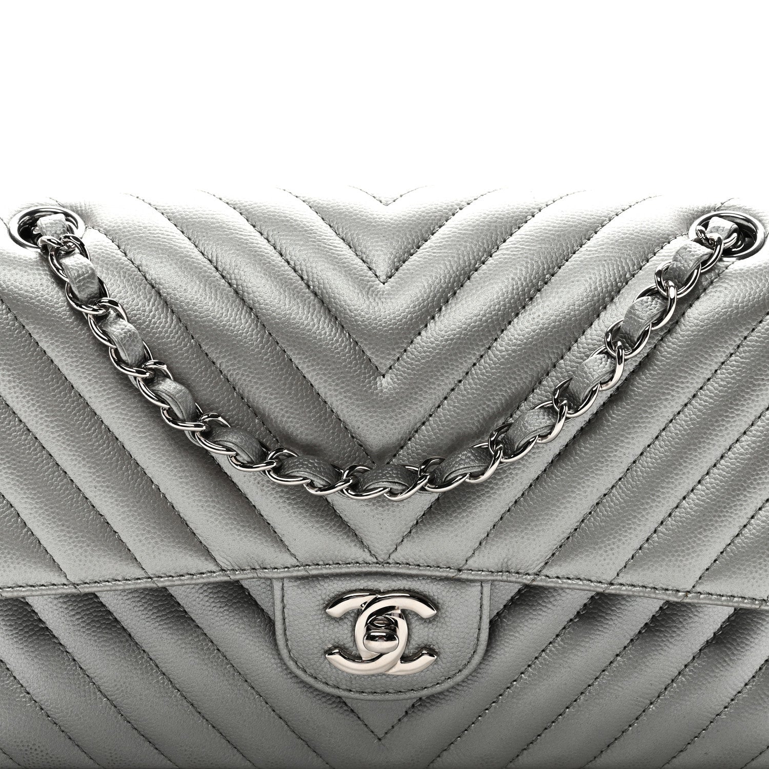 Metallic Caviar Chevron Quilted Medium Double Flap Silver