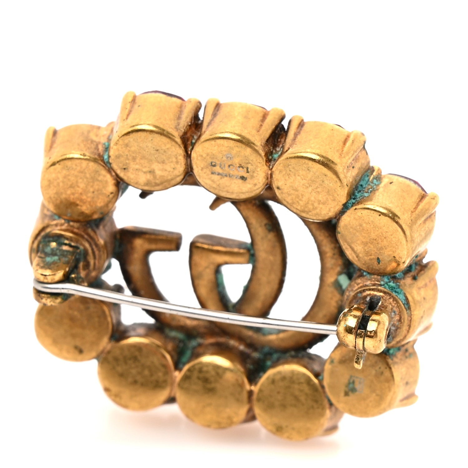 Metal Crystal Double G Brooch Aged Gold Red