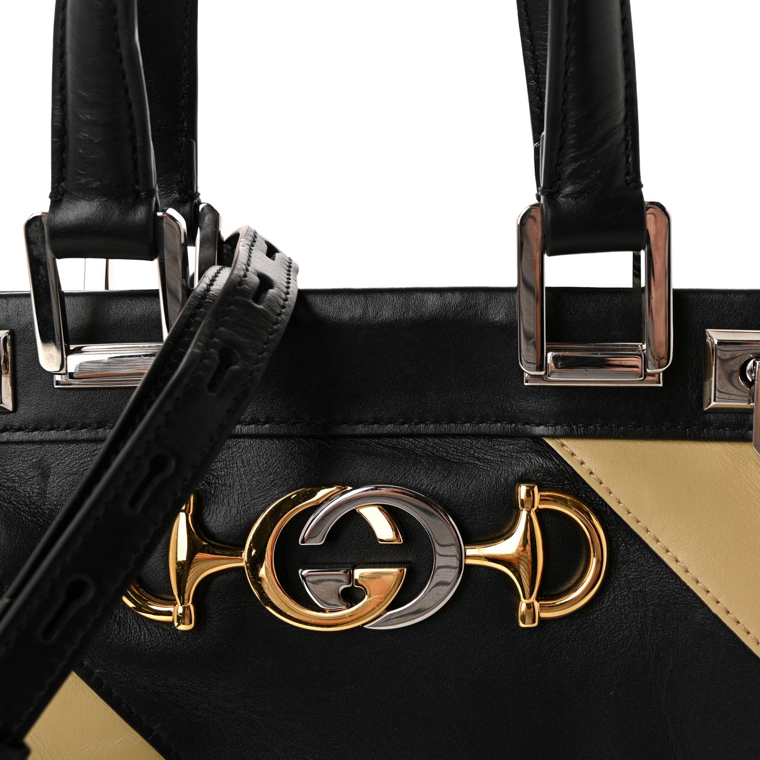 Smooth Calfskin Diagonal Striped Small Zumi Top Handle Bag Black Beige