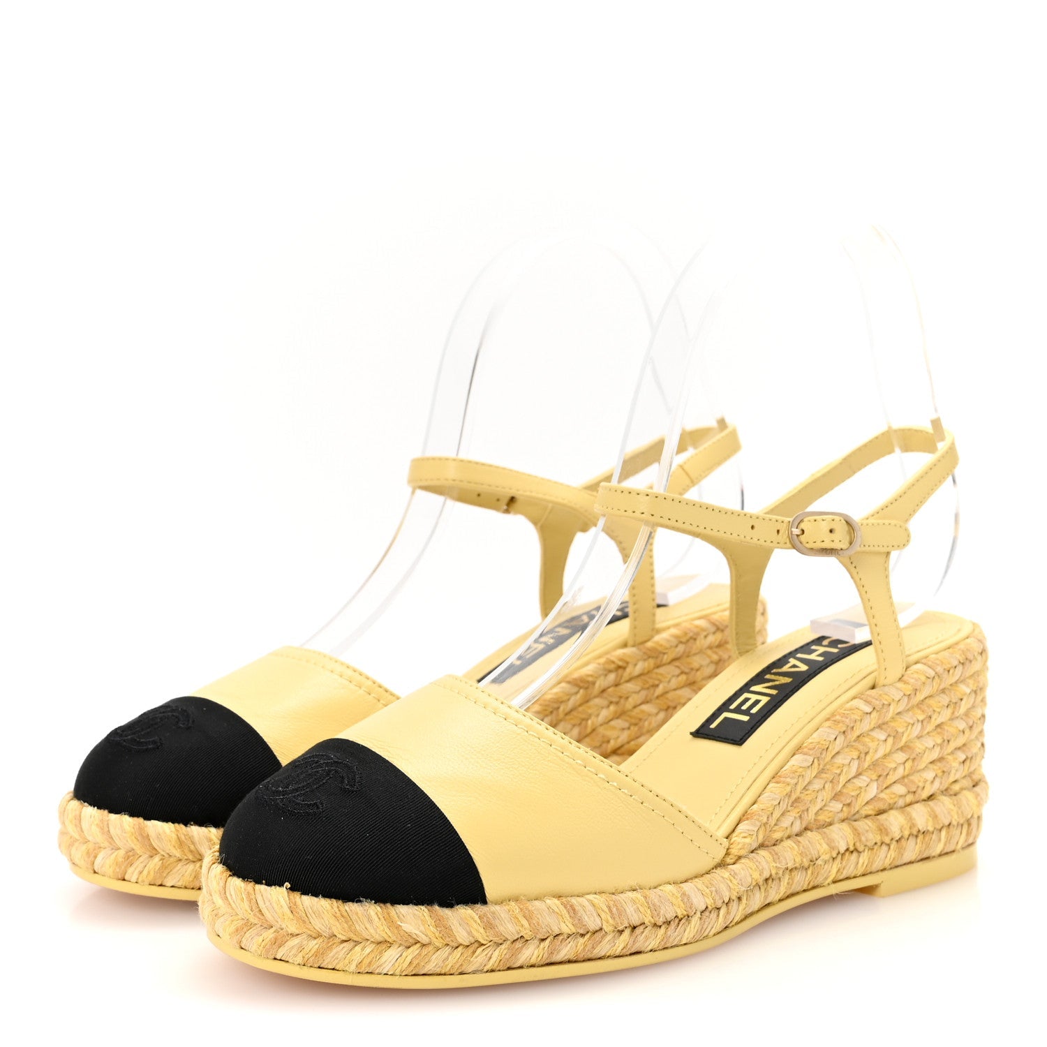 Lambskin Grosgrain CC Espadrilles Wedges 37 Yellow Black