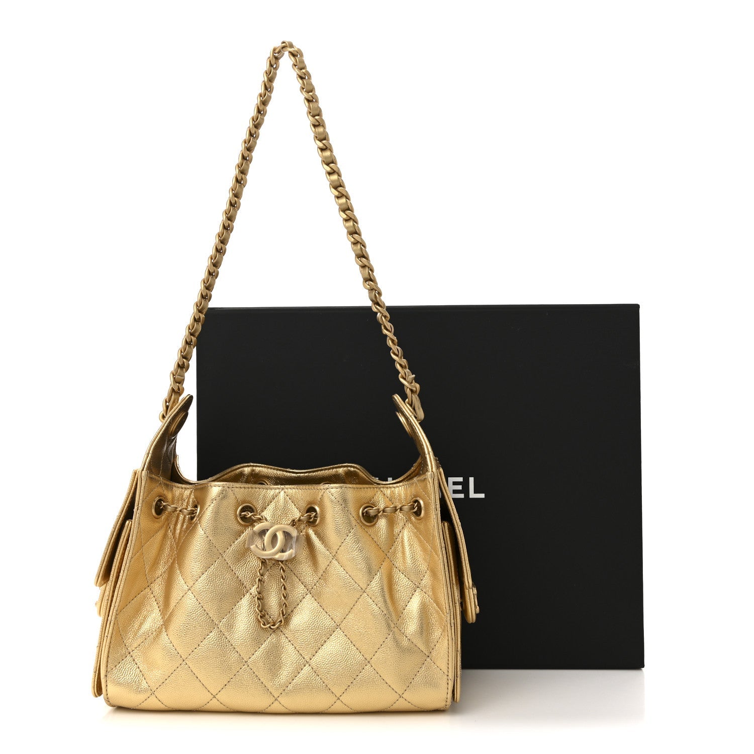 Metallic Caviar Quilted Mini Chanel 25 Handbag Gold