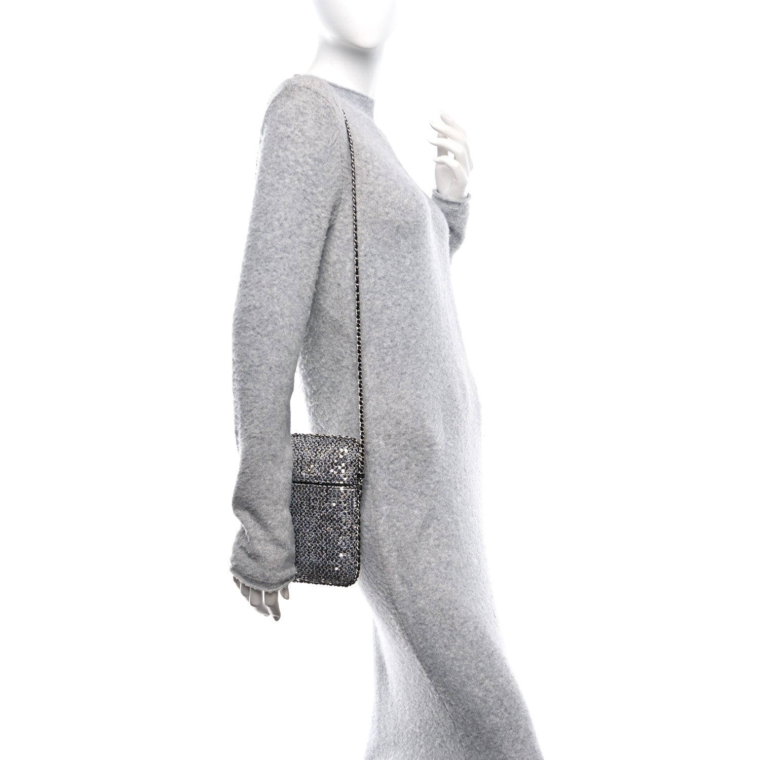 Tweed Sequin Chain Around Phone Holder Silver Black