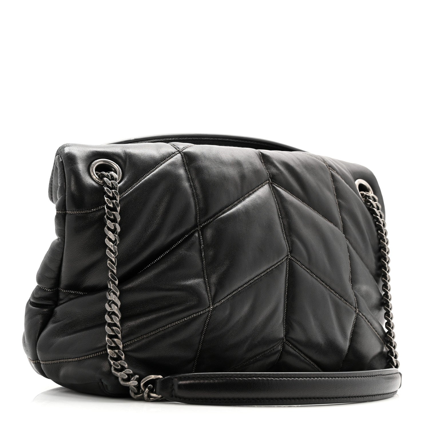Lambskin Quilted Metal Small Loulou Puffer Monogram Chain Satchel  Black