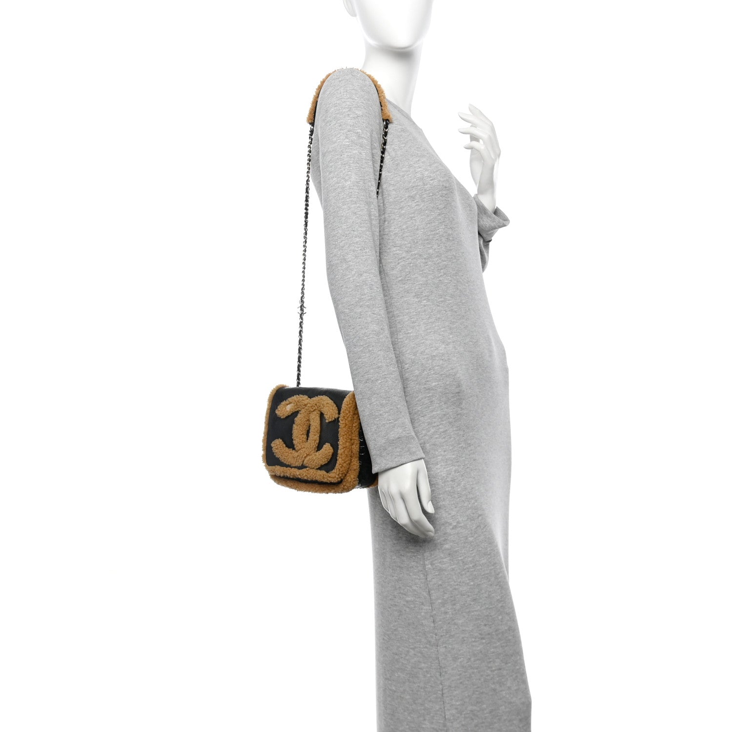 Shiny Crumpled Sheepskin Shearling CC Mania Flap Bag Black Beige