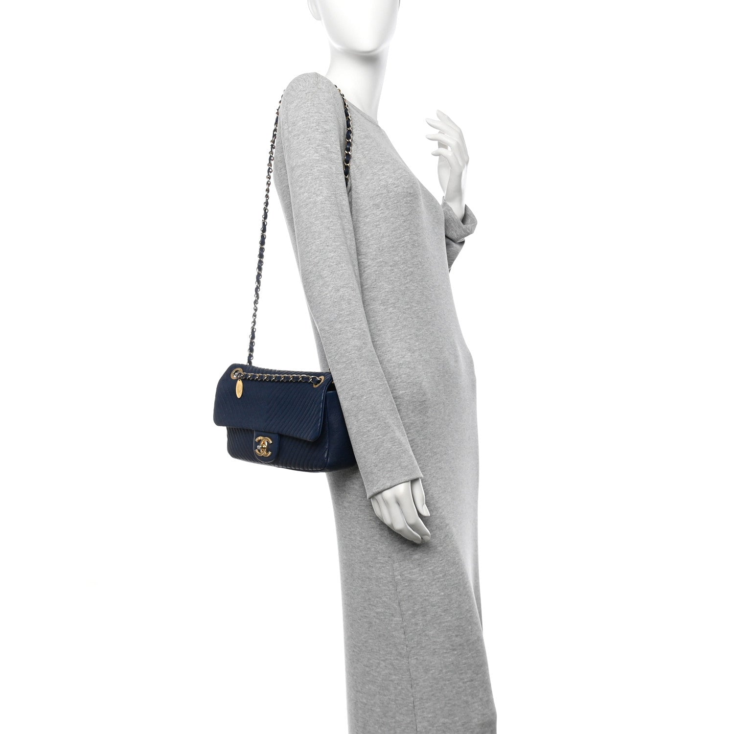 Calfskin Surpique Chevron Medium Flap Navy