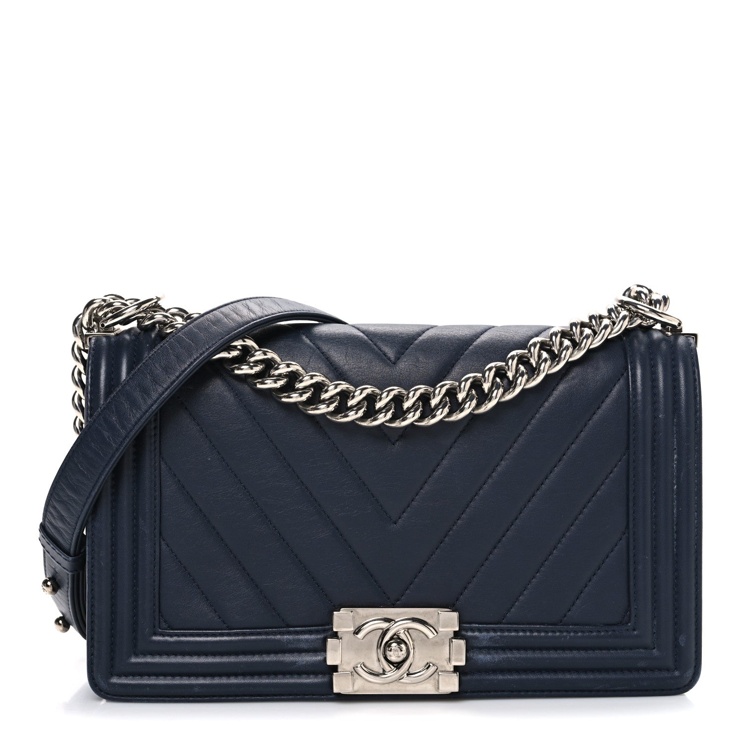 Lambskin Chevron Quilted Medium Boy Flap Navy Blue