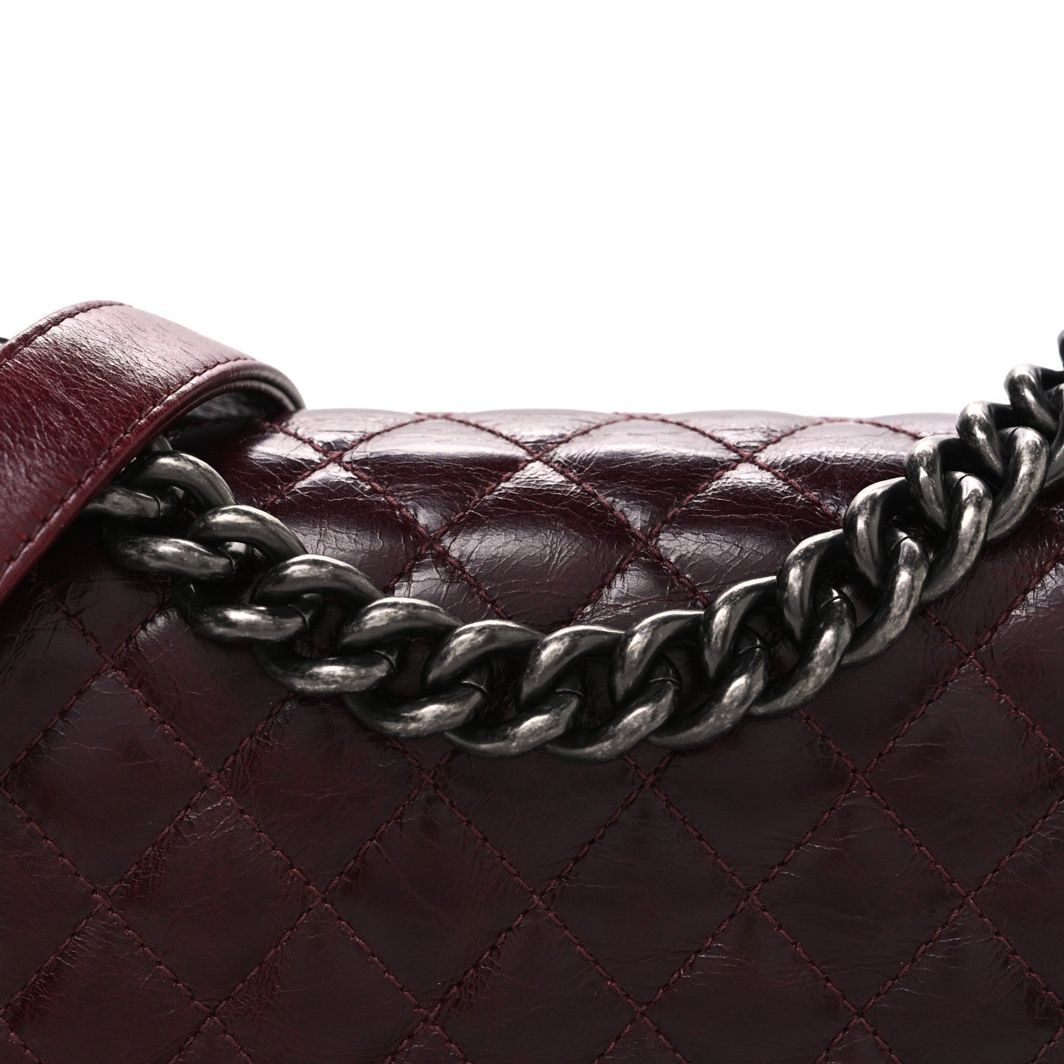 Glazed Calfskin Quilted Small Boy Chained Flap Burgundy