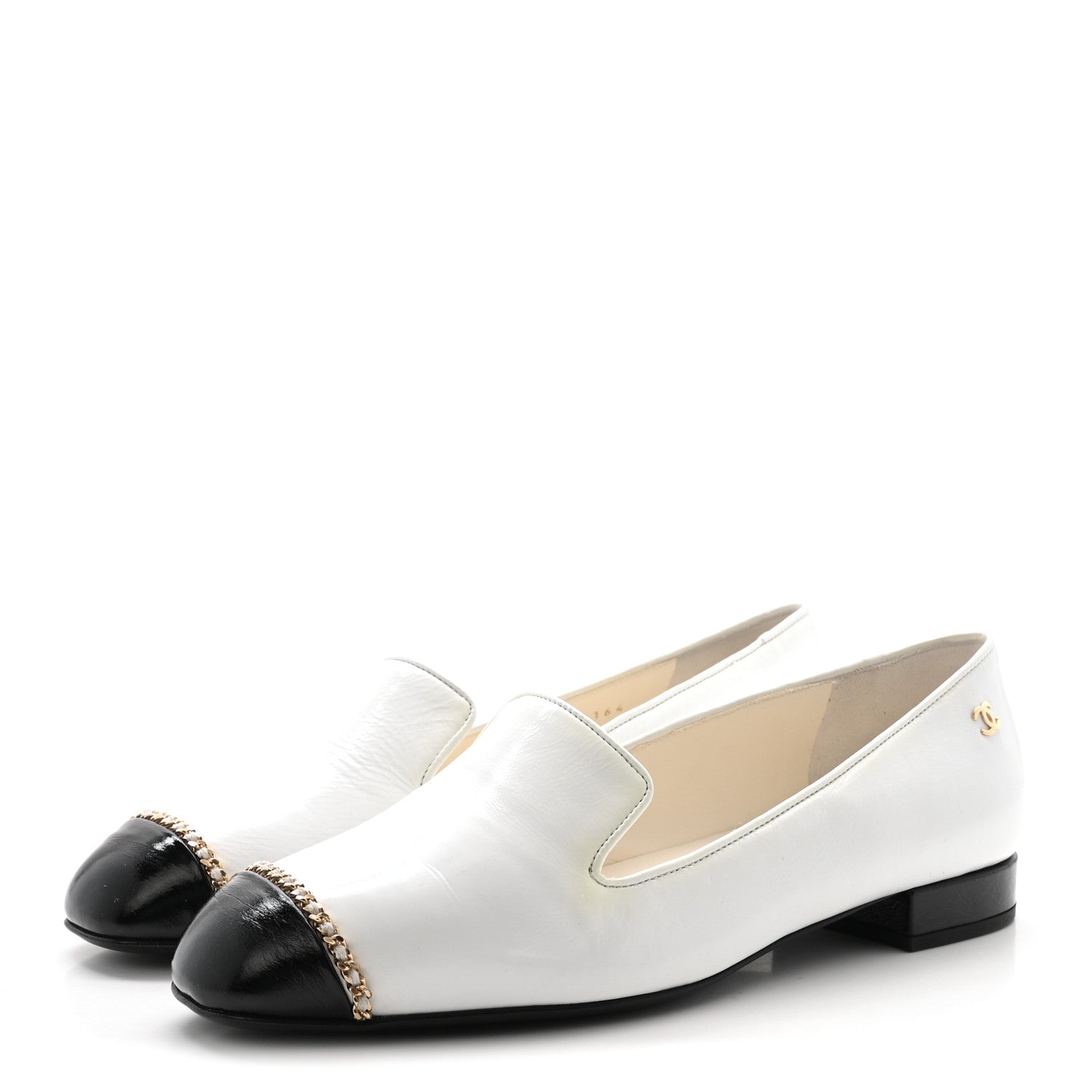 Patent Cap Toe Chain Moccasin Loafers 37 White Black