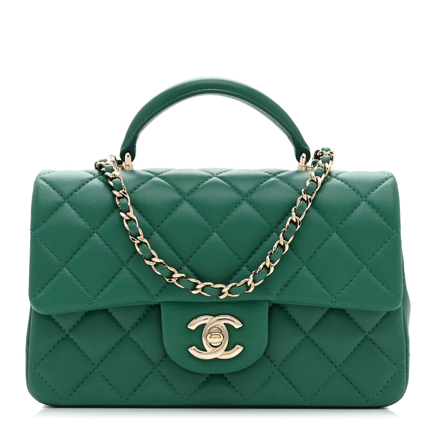 Lambskin Quilted Mini Top Handle Rectangular Flap Green