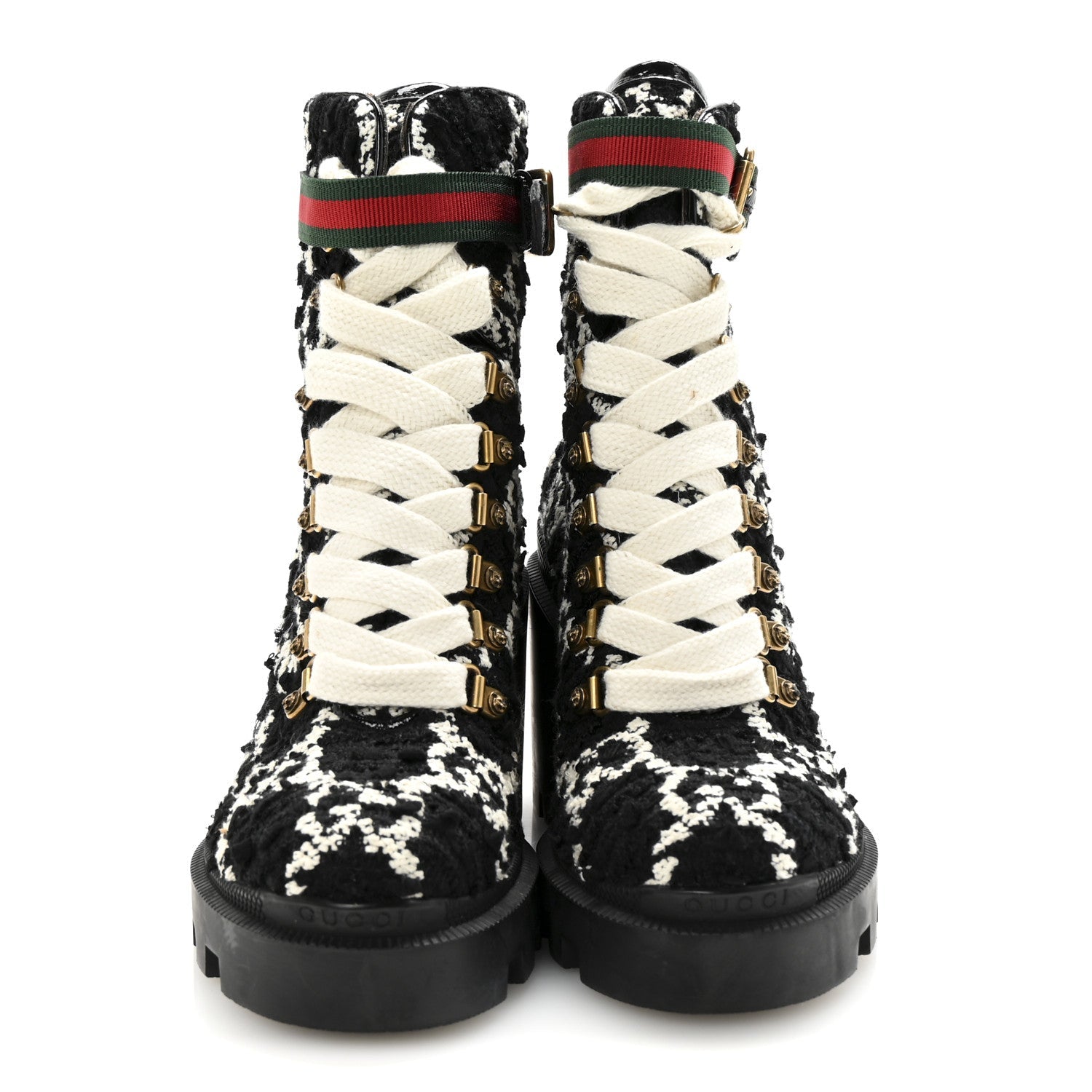 Tweed GG Monogram Lace Up Combat Ankle Boots 35.5 Black