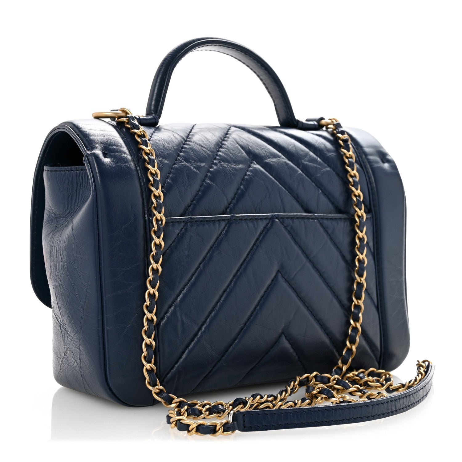 Calfskin Chevron Quilted Top Handle Flap Navy