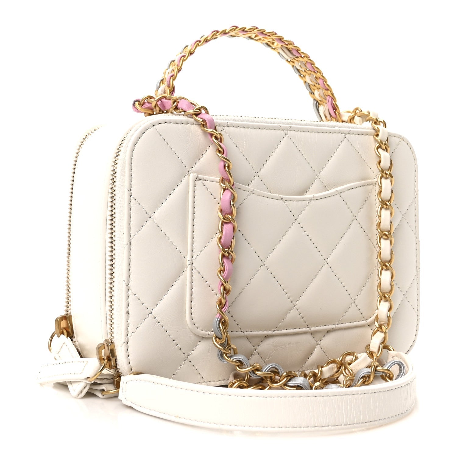 Shiny Calfskin Quilted Top Handle Vanity Case White