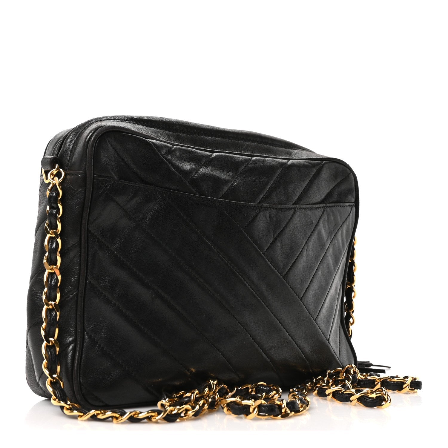Lambskin Chevron Quilted Tassel Camera Case Black