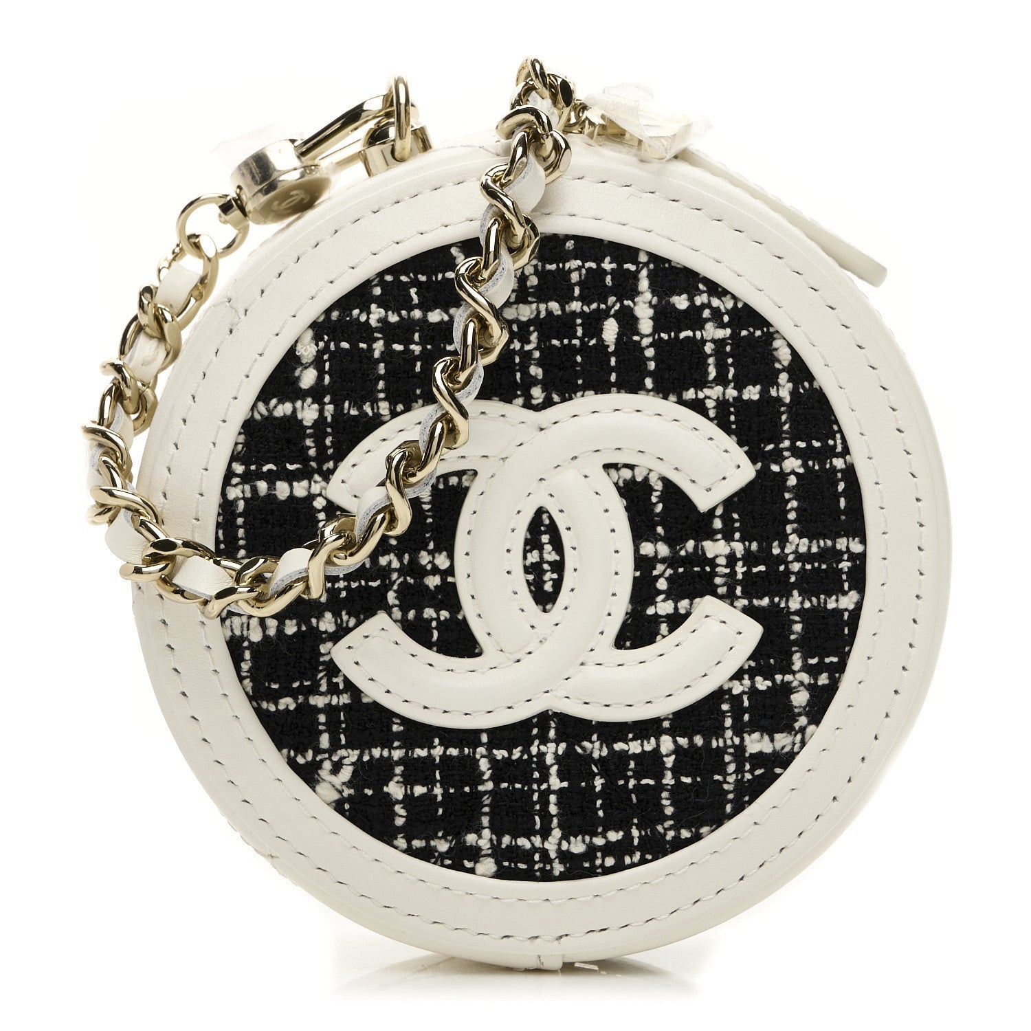 Tweed Quilted Round Filigree Pouch With Chain White Black