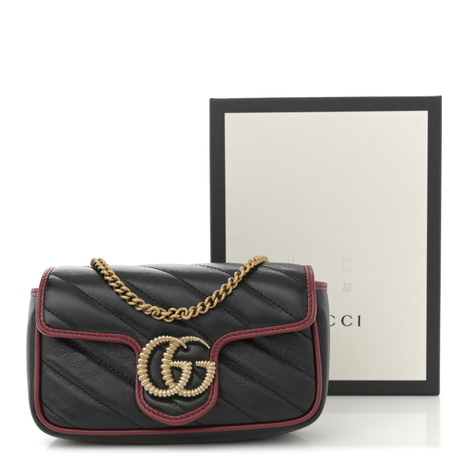 Vintage Effect Calfskin Matelasse Diagonal Super Mini Torchon GG Marmont Shoulder Bag Black Romantic Cherry