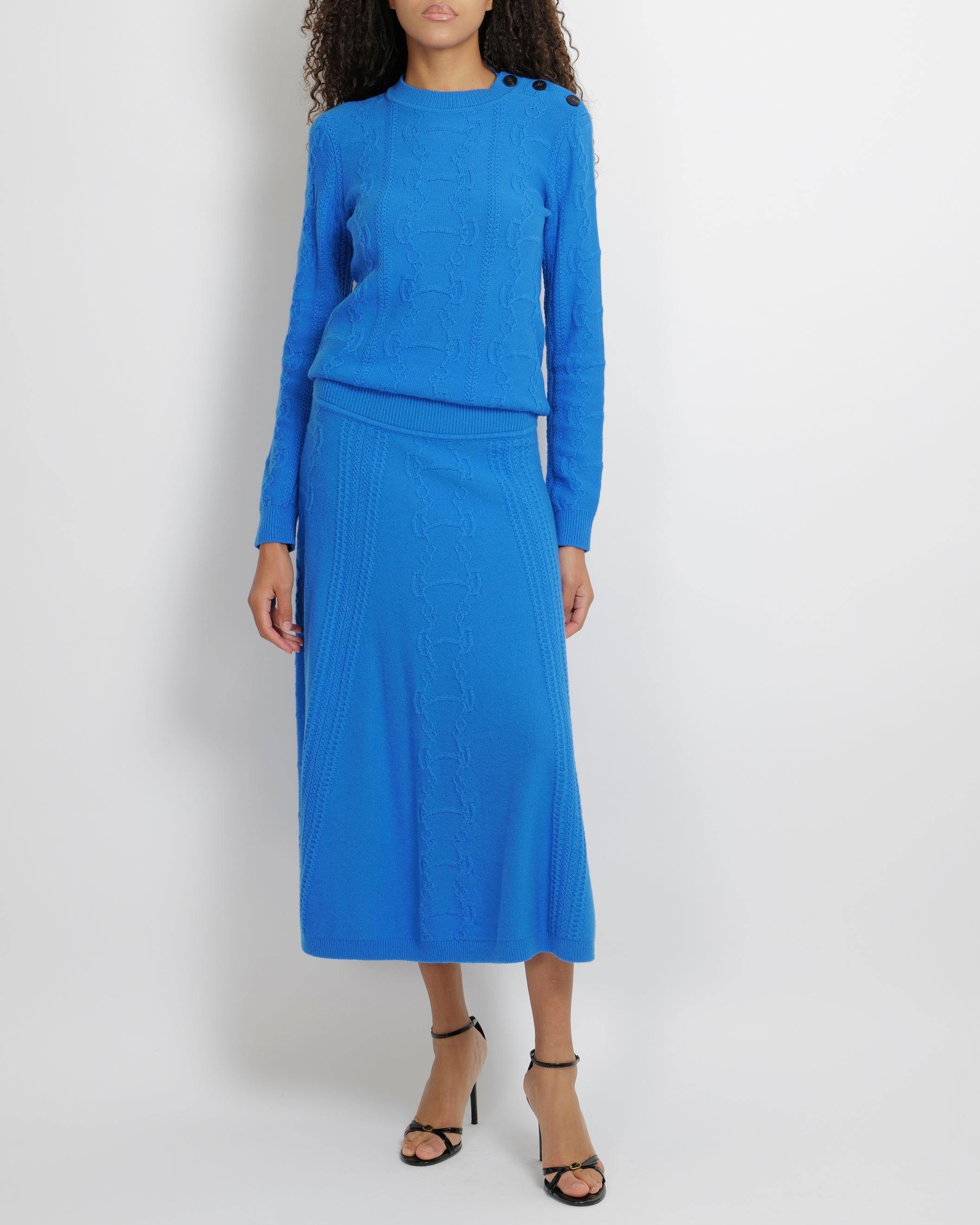 Hermès Blue Wool Knitted Midi Skirt with Embroideries Size FR 40 (UK 12)