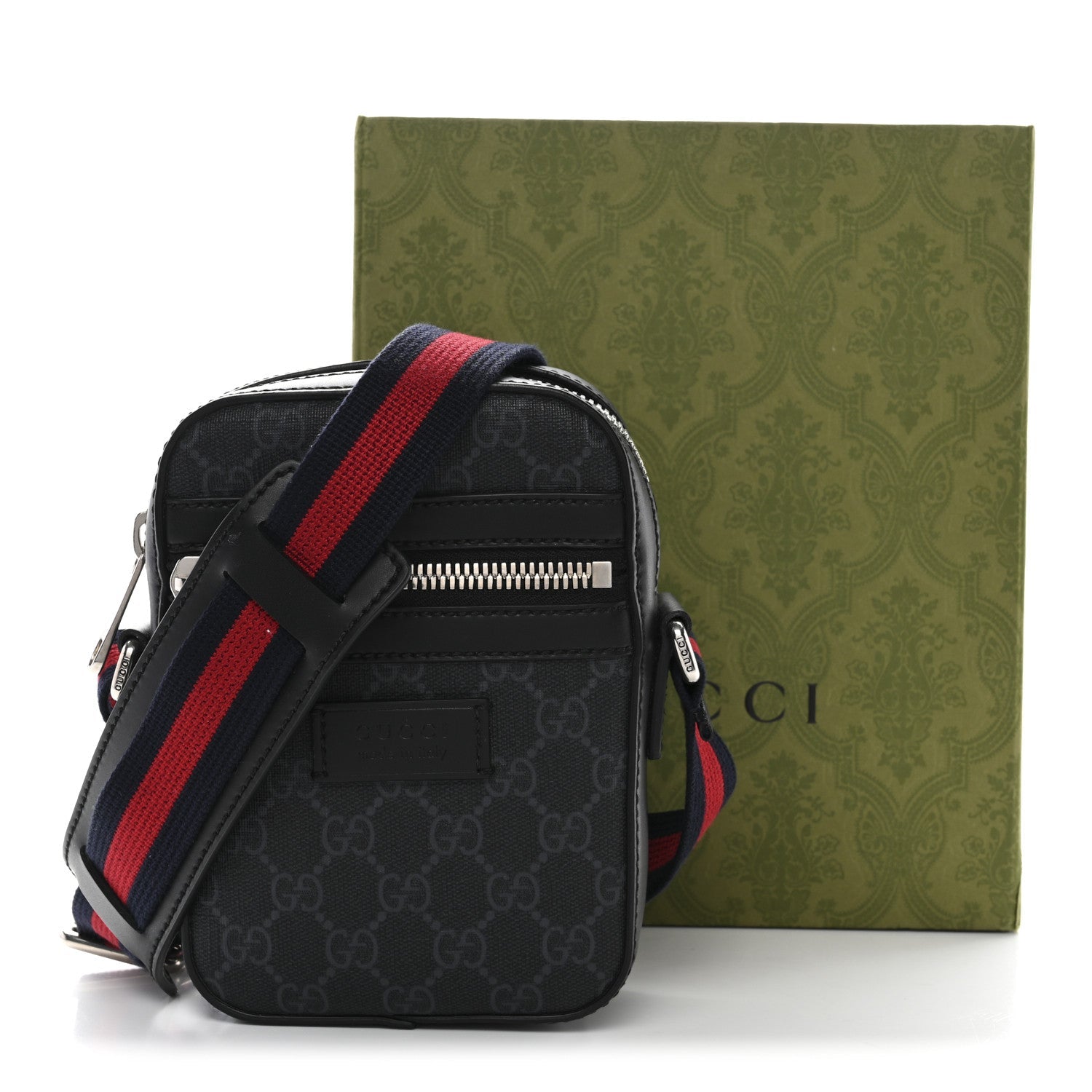 GG Supreme Monogram Appia Calfskin Web Small Camera Messenger Bag Black Grey