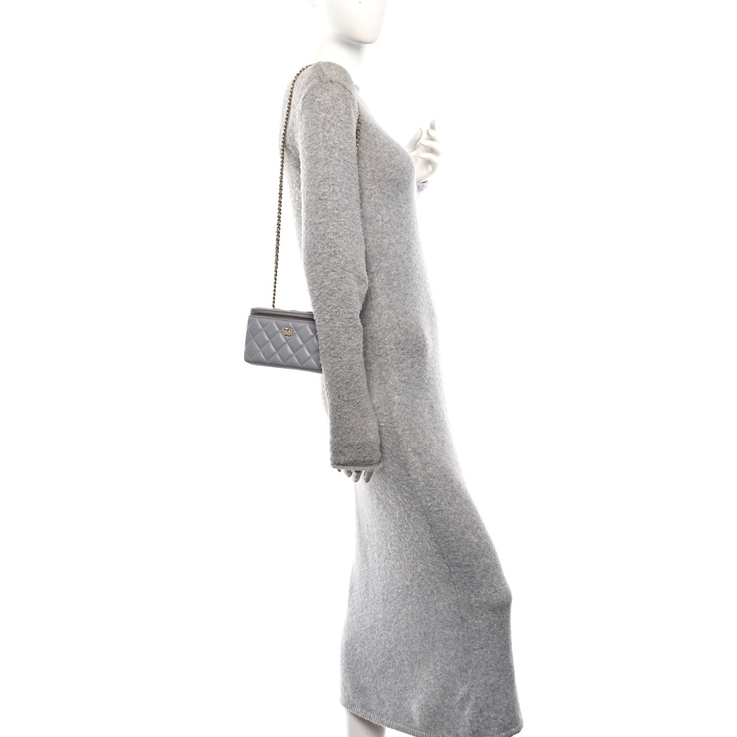 Lambskin Quilted Small Pearl Crush Vanity Case With Chain Grey