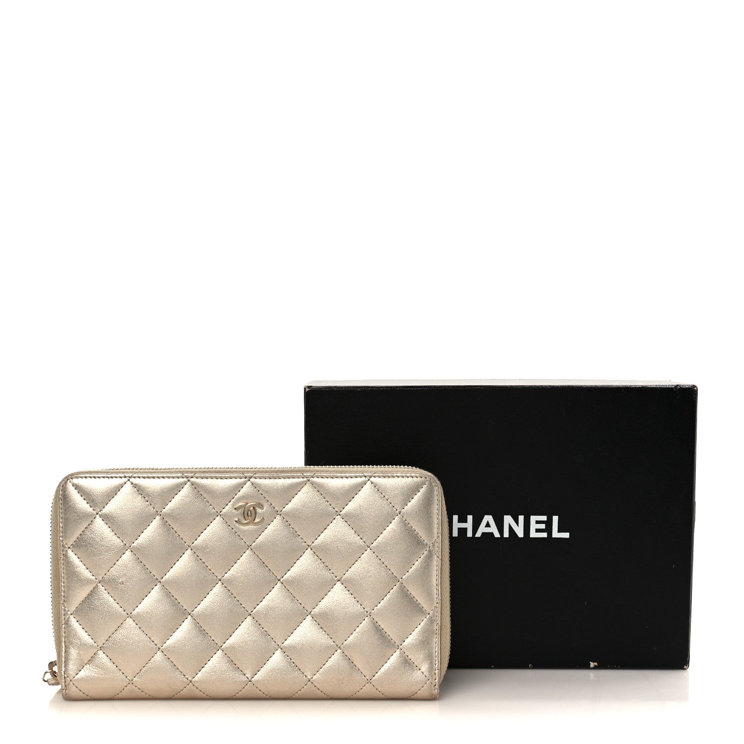 Iridescent Lambskin Quilted Large Zip Around Organizer Wallet Light Gold