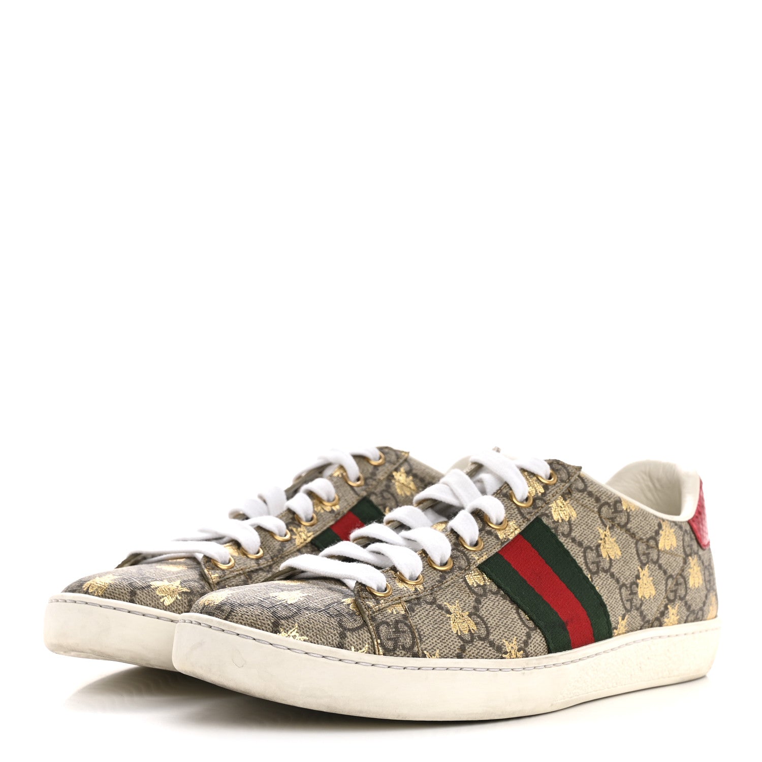 GG Supreme Monogram Bees Ayers Web Womens Ace Sneakers 37.5 Beige Oro Green Red