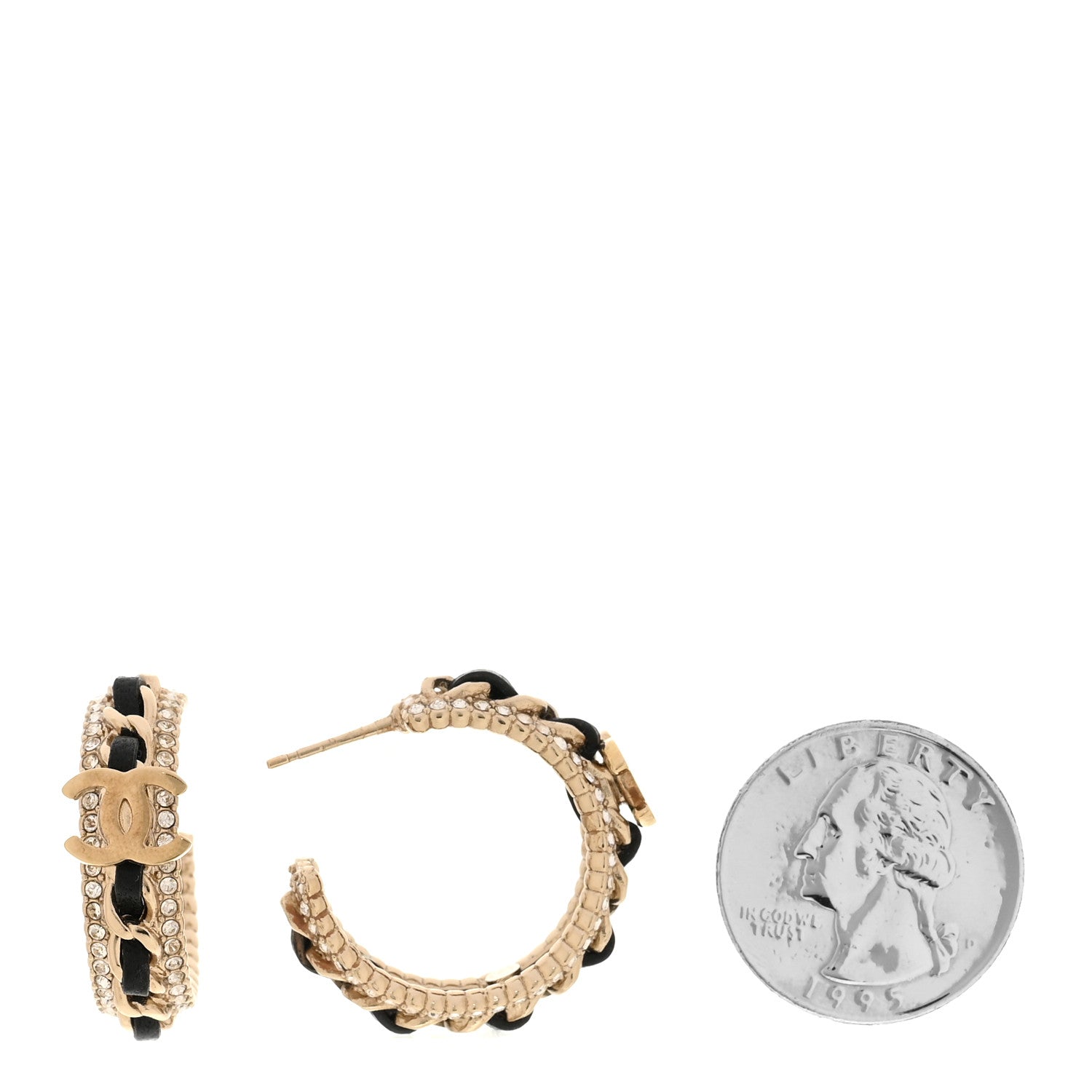 Crystal Lambskin CC Chain Hoop Earrings Gold Black