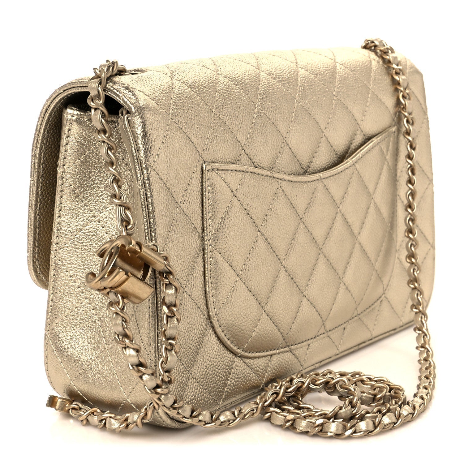 Metallic Caviar Quilted Medium CC Slide Flap Light Gold