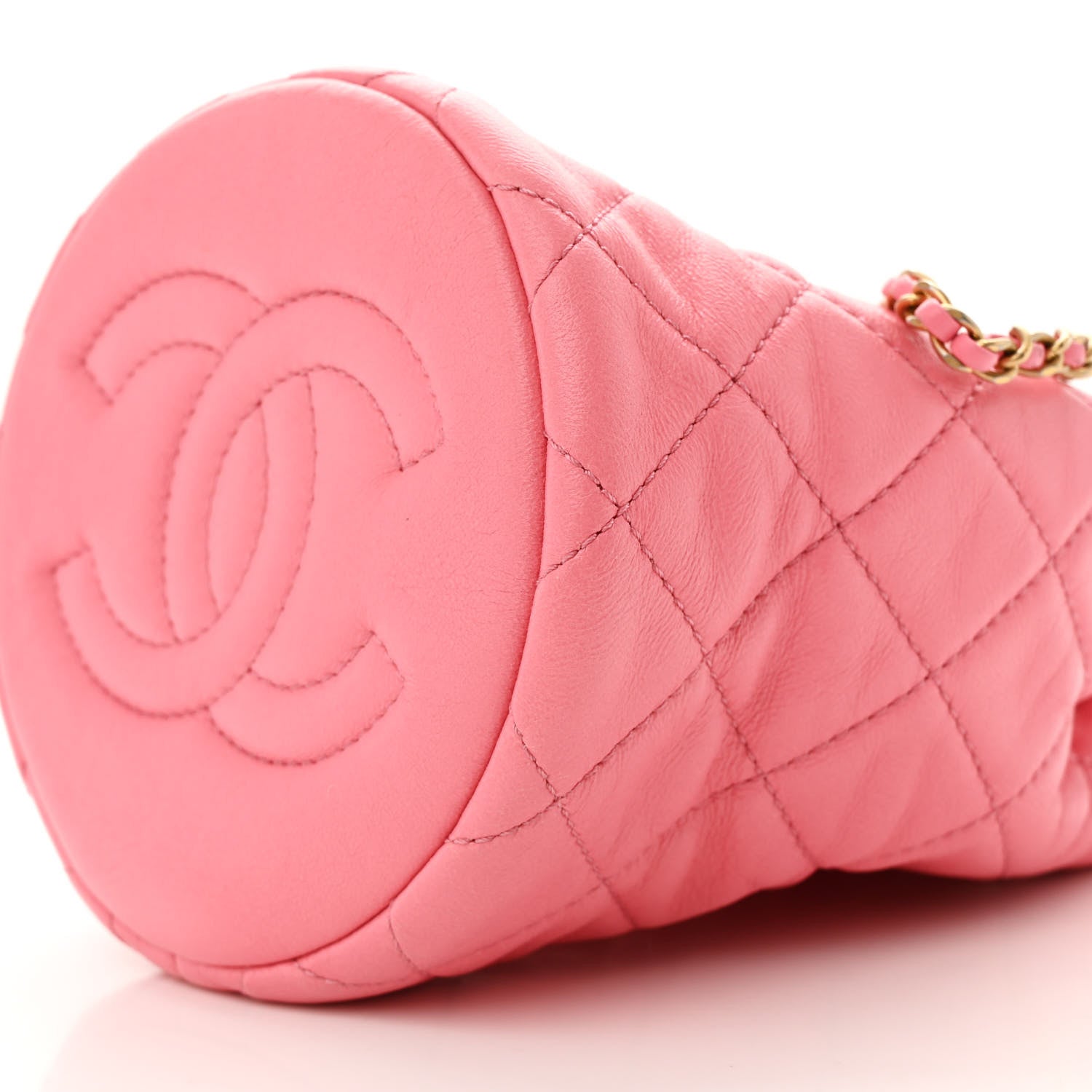 Lambskin Quilted Pearl Crush Drawstring Bag Pink