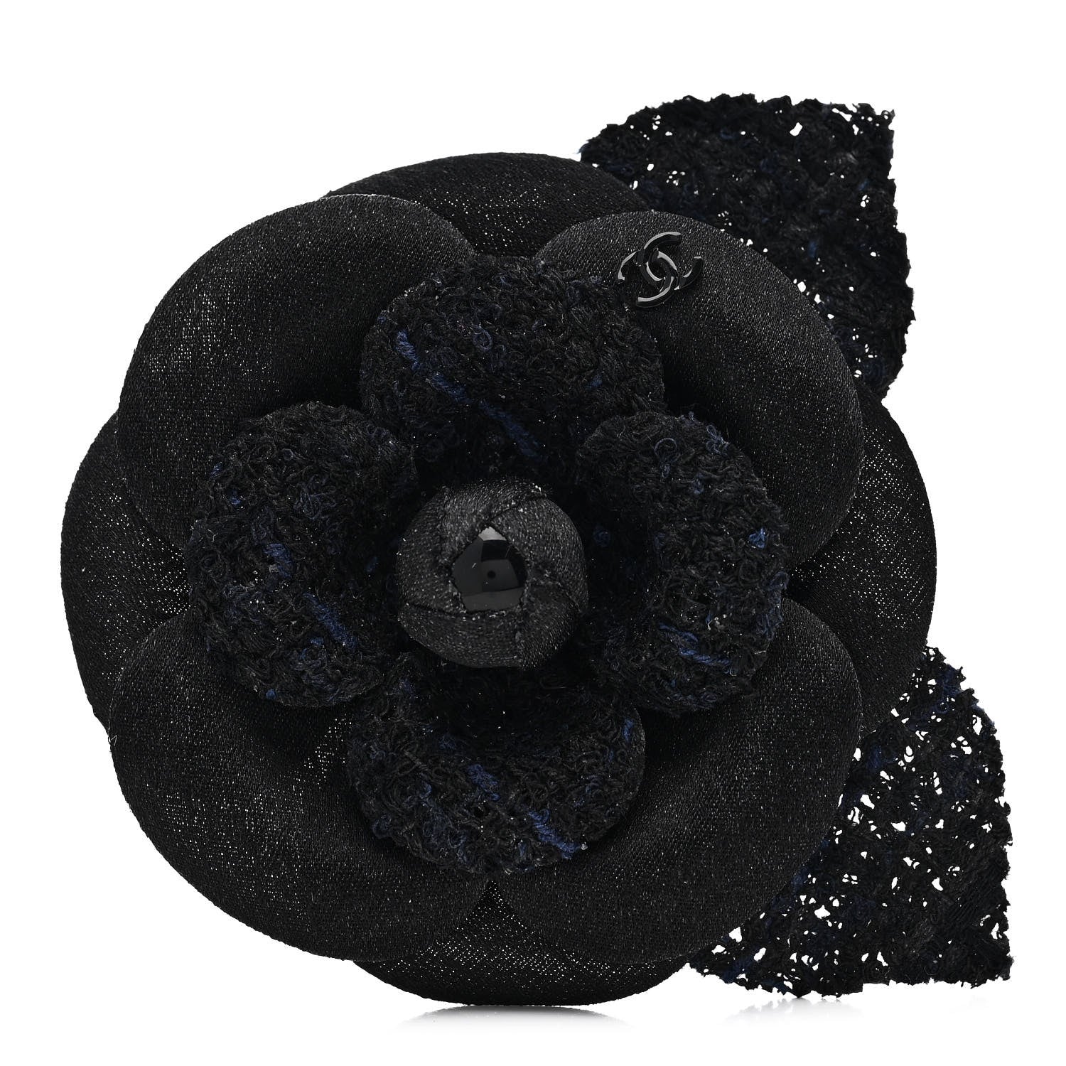 Tweed Fabric Camellia Pin Brooch Navy Blue Black