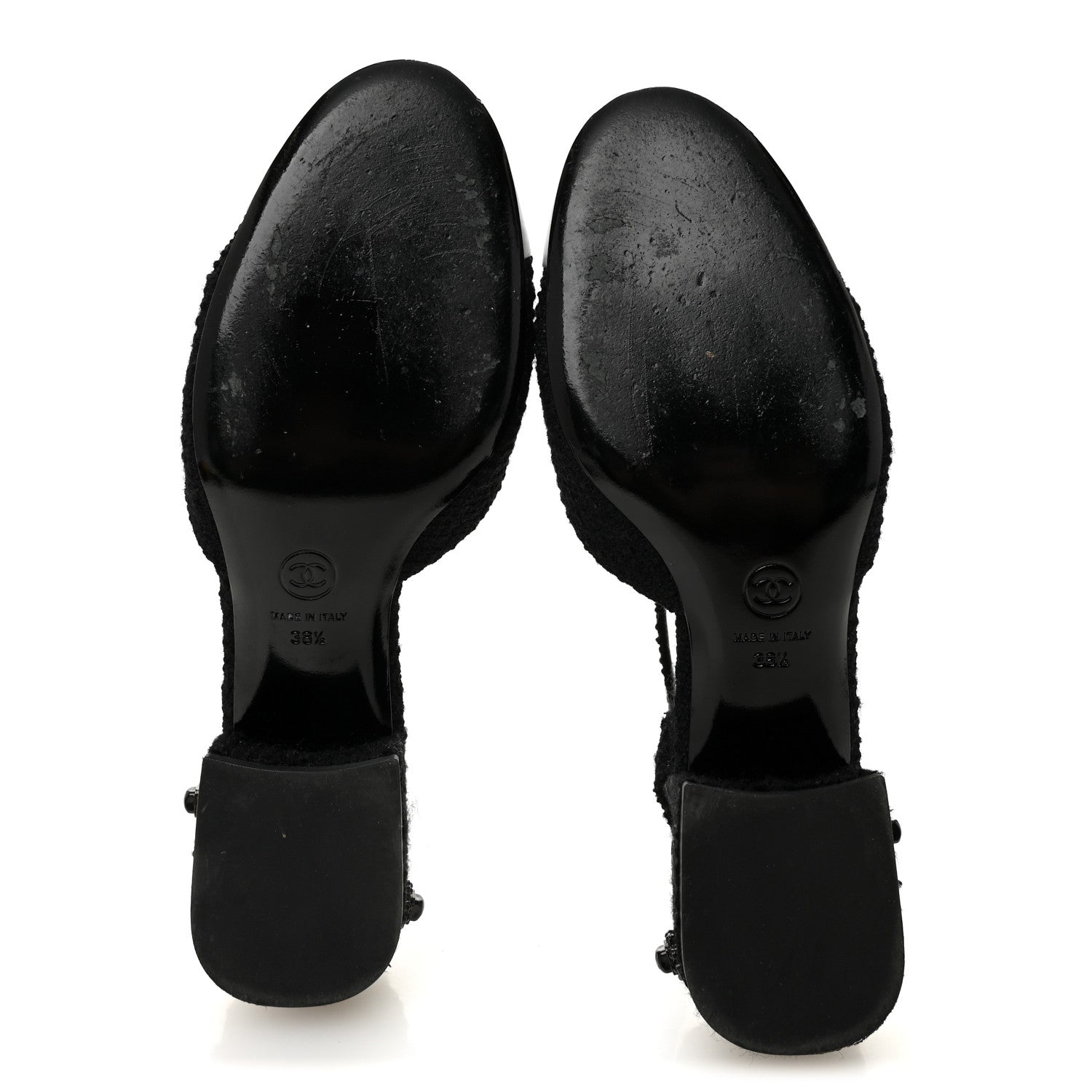 Tweed Iridescent Calfskin Cap Toe CC Slingback Pumps 38.5 Black Silver