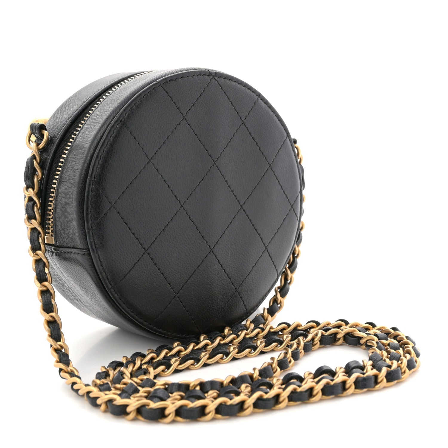 Goatskin Quilted Chic Pearls Chain Round Clutch With Chain Black