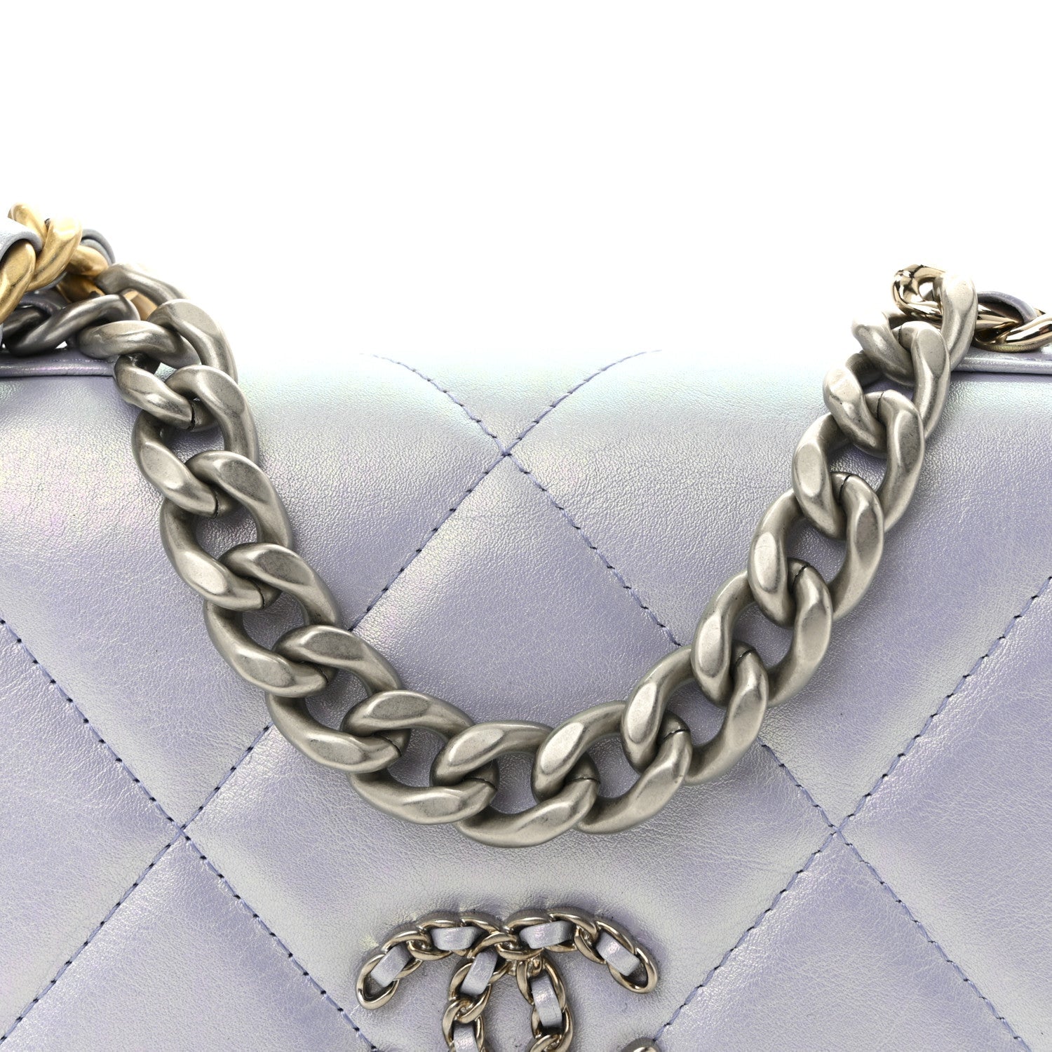 Iridescent Calfskin Quilted Chanel 19 Wallet On Chain WOC Light Purple