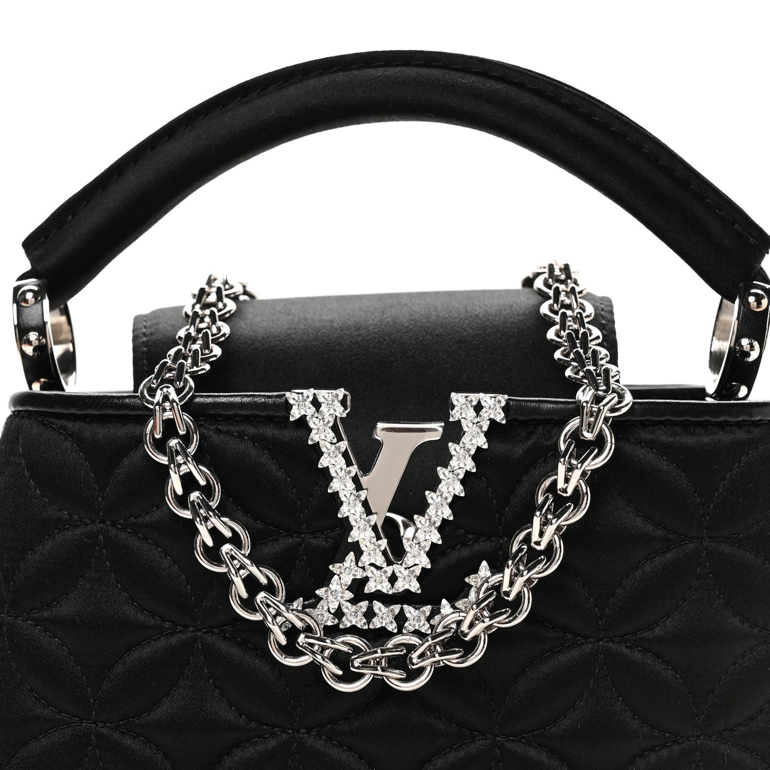 Satin Quilted Flower Crystal Mini Capucines Black