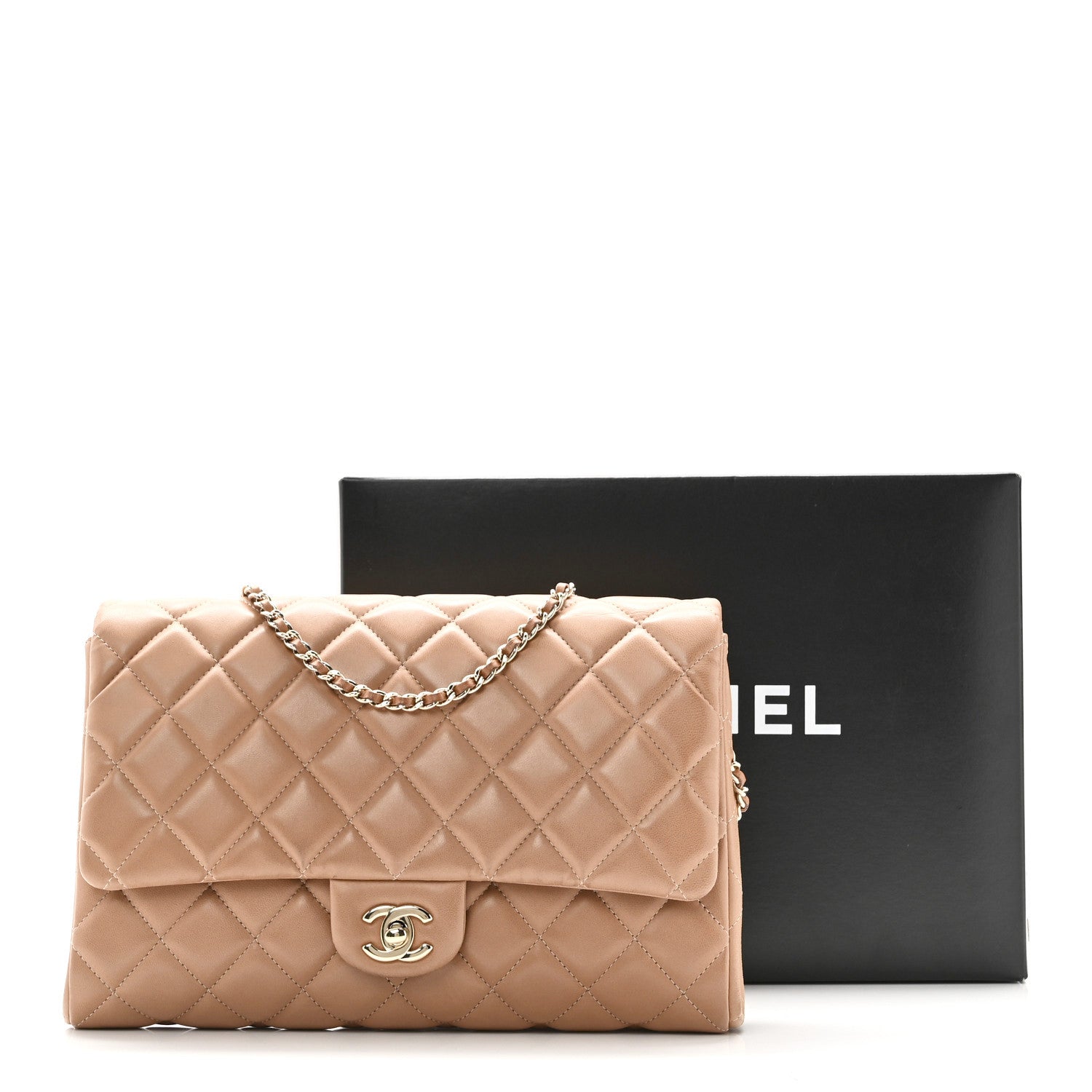 Lambskin Quilted Clutch with Chain Flap Beige Fonce